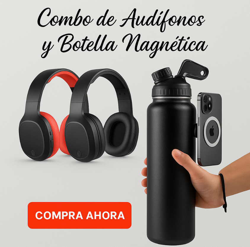 Combo vida activa: audífonos inalámbricos y termo con soporte magnético
